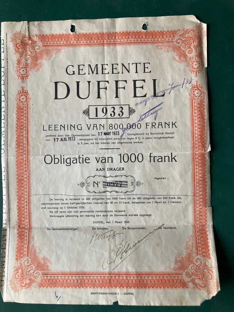 Obligatie Duffel 1933, Ophalen of Verzenden, 1920 tot 1950, Obligatie of Lening