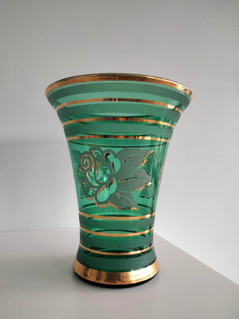 1950s vintage vaas glas in Art Deco stijl groen, Antiek en Kunst, Ophalen