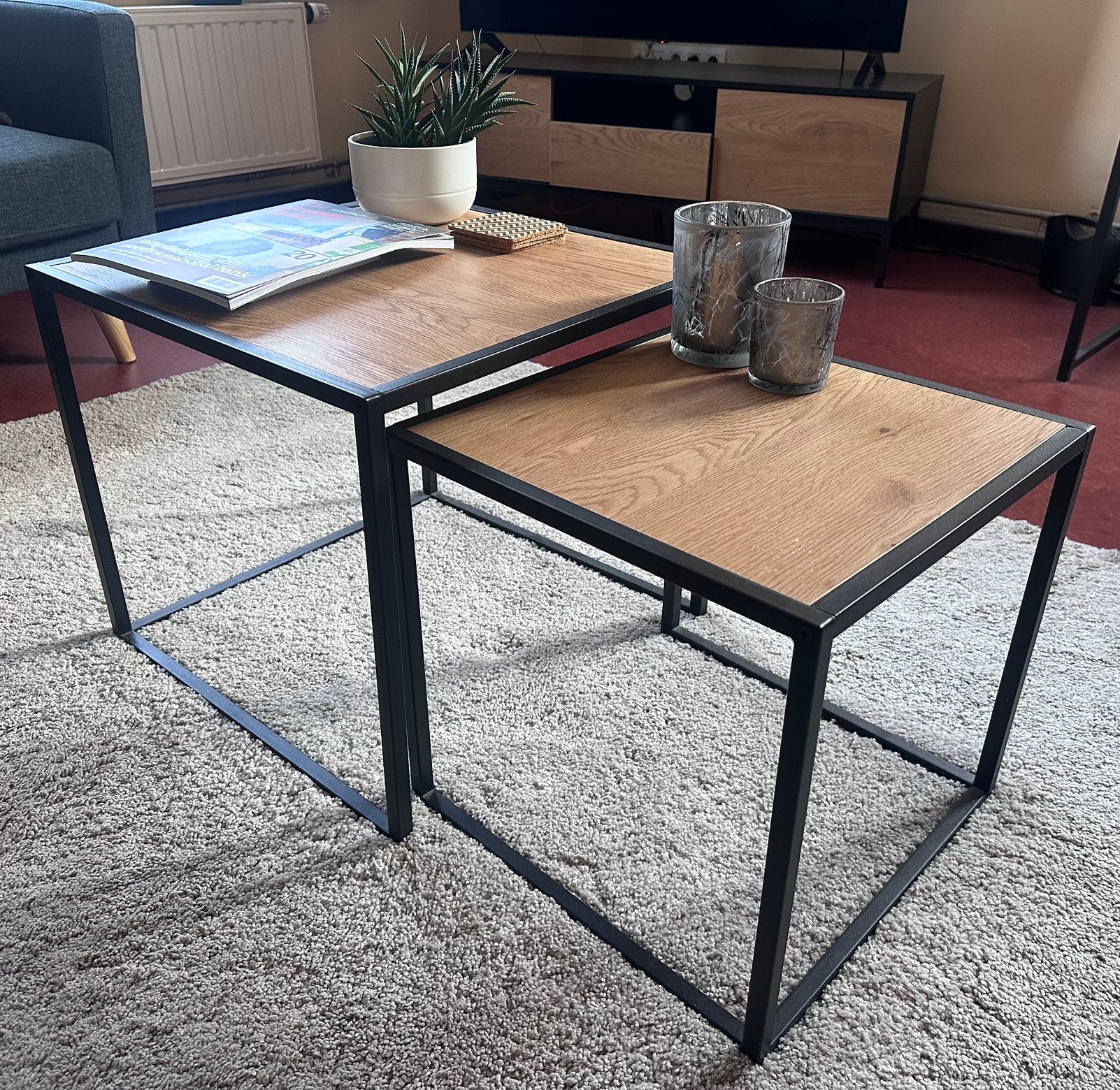 Set van 2 salontafels — eikeneffect en zwart metaal, Huis en Inrichting, Ophalen, Zo goed als nieuw