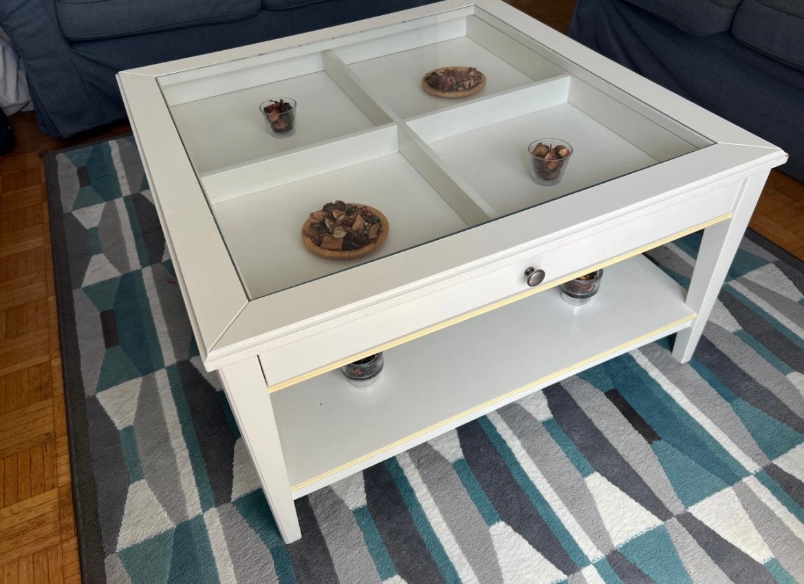 Avant le 19/06 ; Table basse IKEA LIATORP blanc/verre, Enlèvement, Comme neuf, Verre