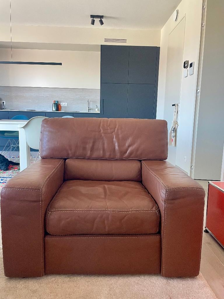 Vintage Durlet zetel – cognac bruin (jaren 70), Ophalen, Gebruikt, Leer, Vintage