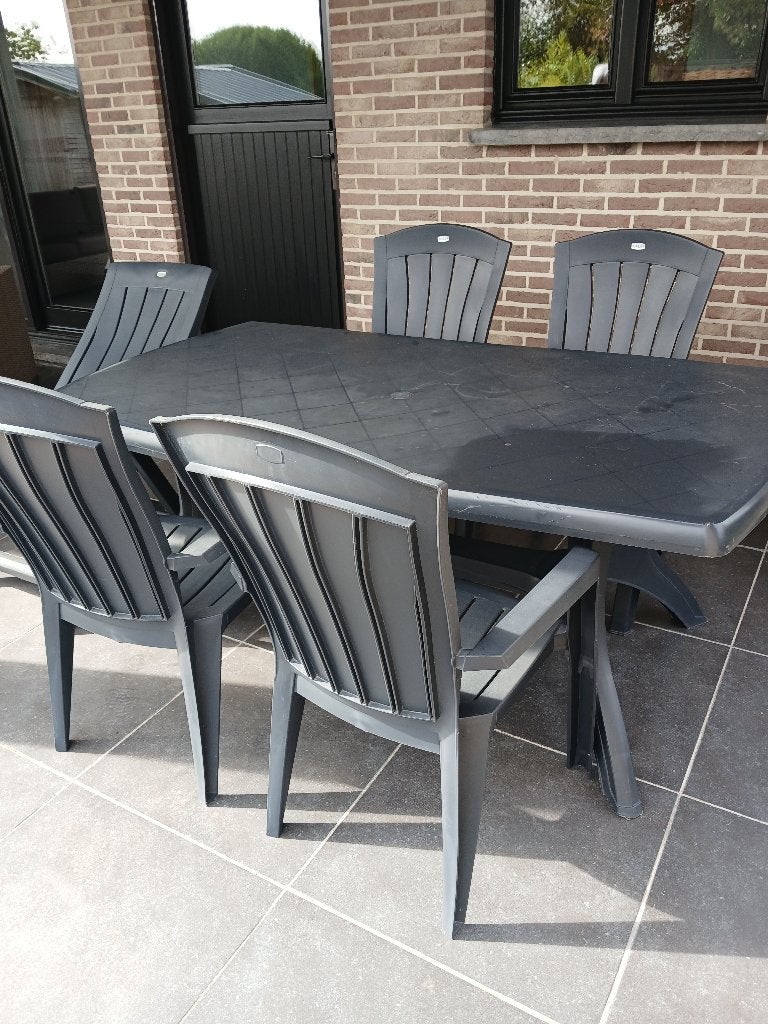Terrastafel en stoelen, Ophalen, Zo goed als nieuw, Ovaal, Kunststof