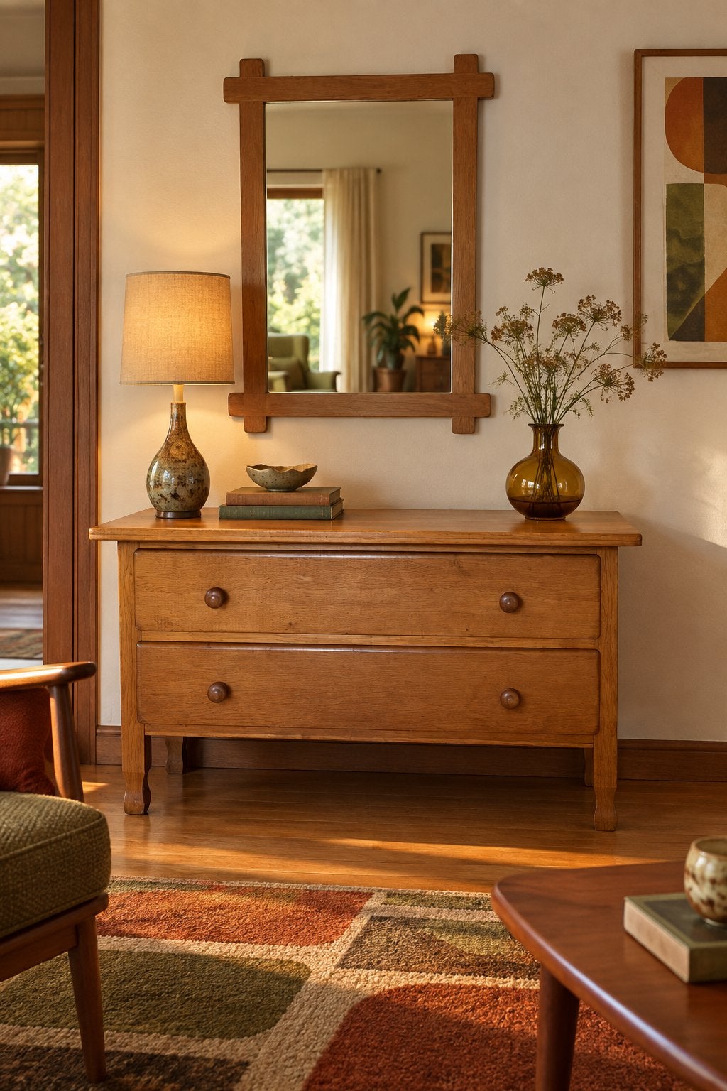 vintage commode met bijpassende spiegel in massieve eik., Ophalen, Zo goed als nieuw, Hout