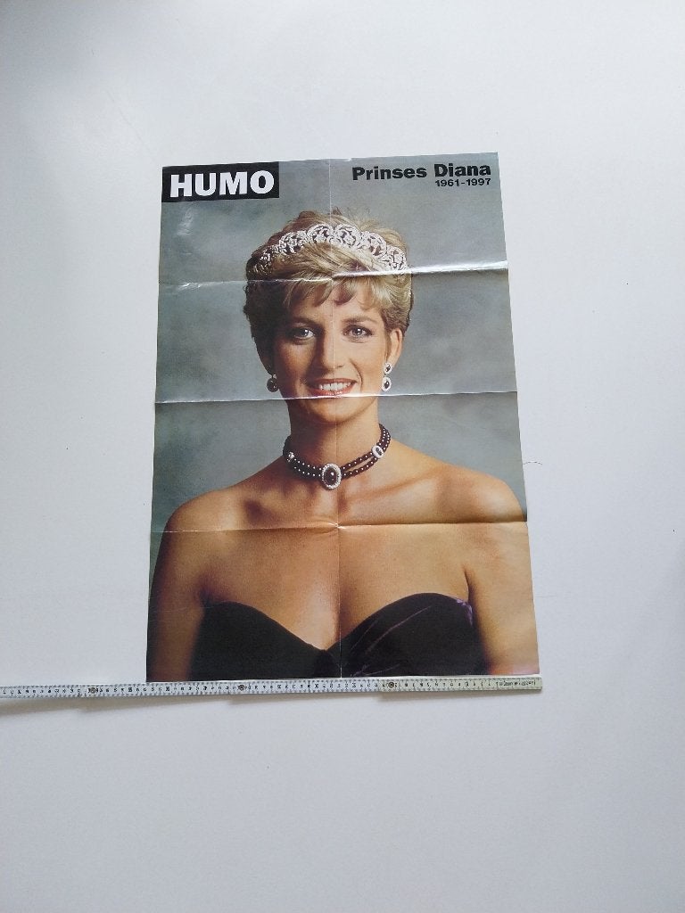 Affiche Prinses Diana Humo 1997 recto verso, Verzamelen, Ophalen of Verzenden, Gebruikt, Kaart, Foto of Prent