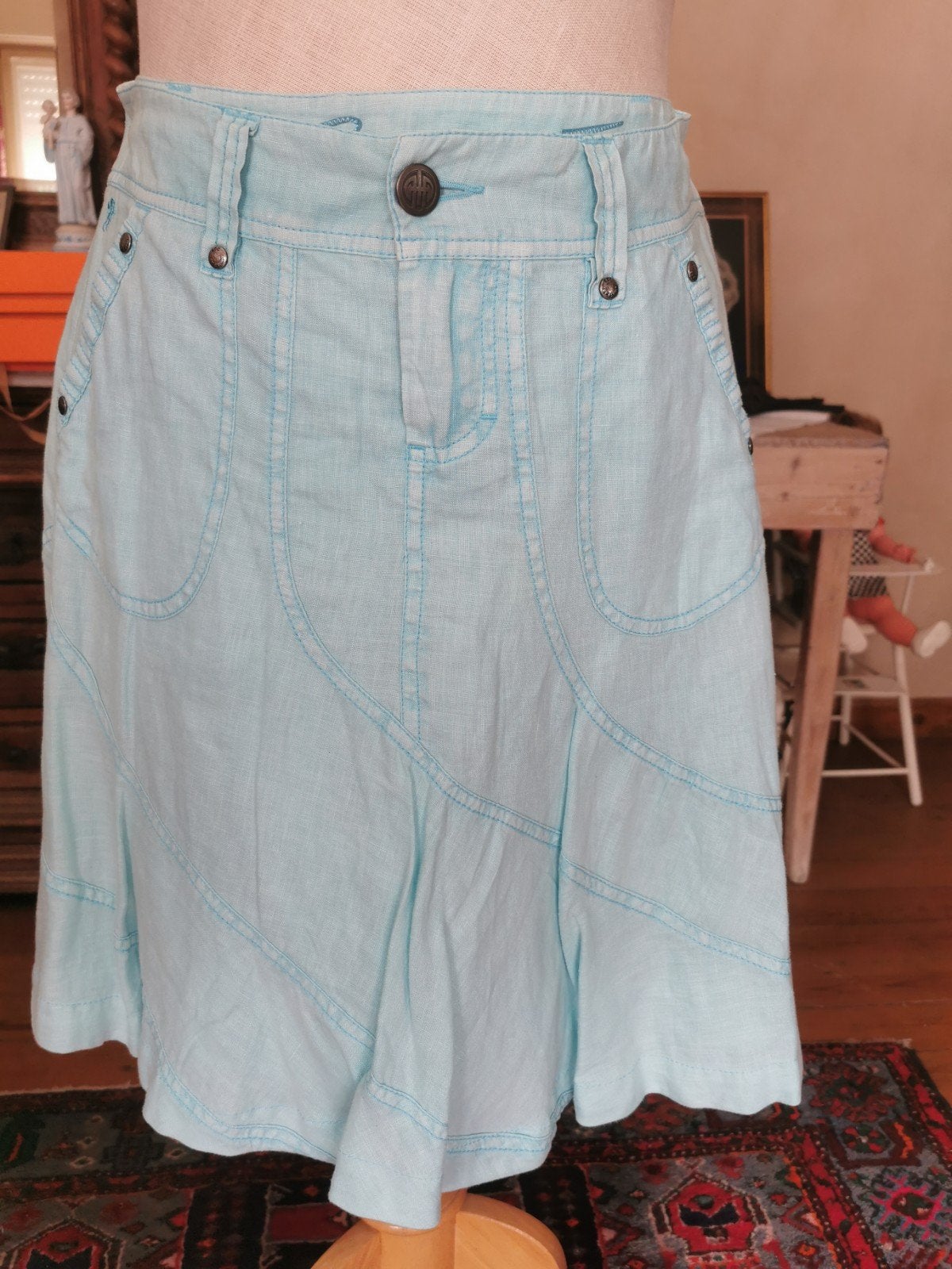 Mooie turquoise linnen rok van EDC, Maat 38/40 (M), Overige kleuren, Ophalen of Verzenden, Knielengte