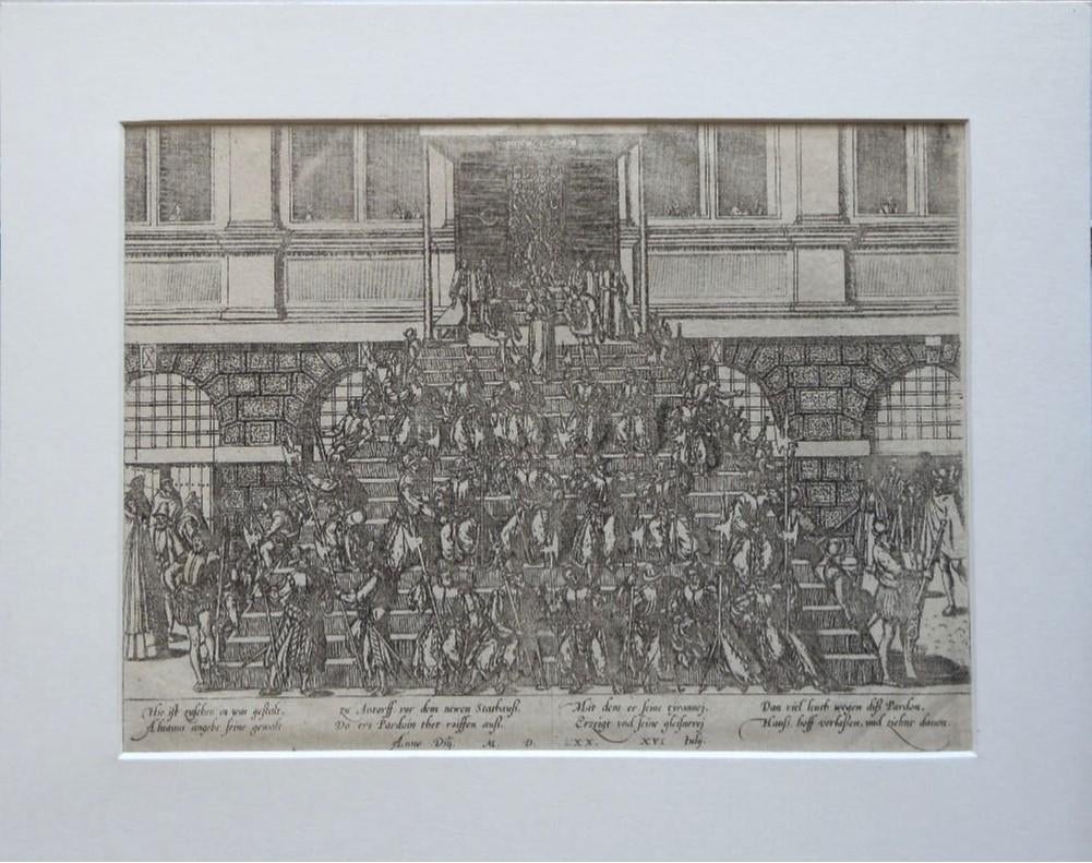 Frans Hogenberg ets "Het Nieuwe Stadhuis van Antwerpen", Antiek en Kunst, Kunst | Etsen en Gravures, Ophalen, Ets, Origineel