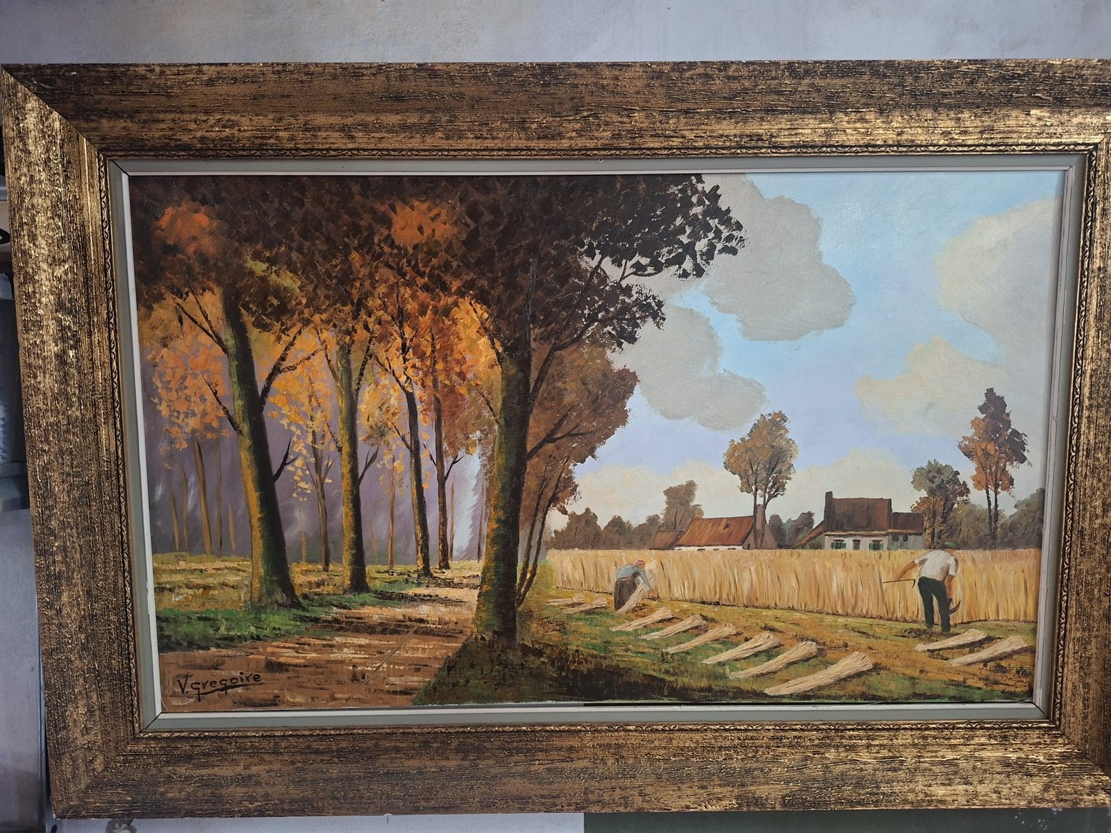 Schilderij landschap met landbouwers, Enlèvement, Classique, Signé