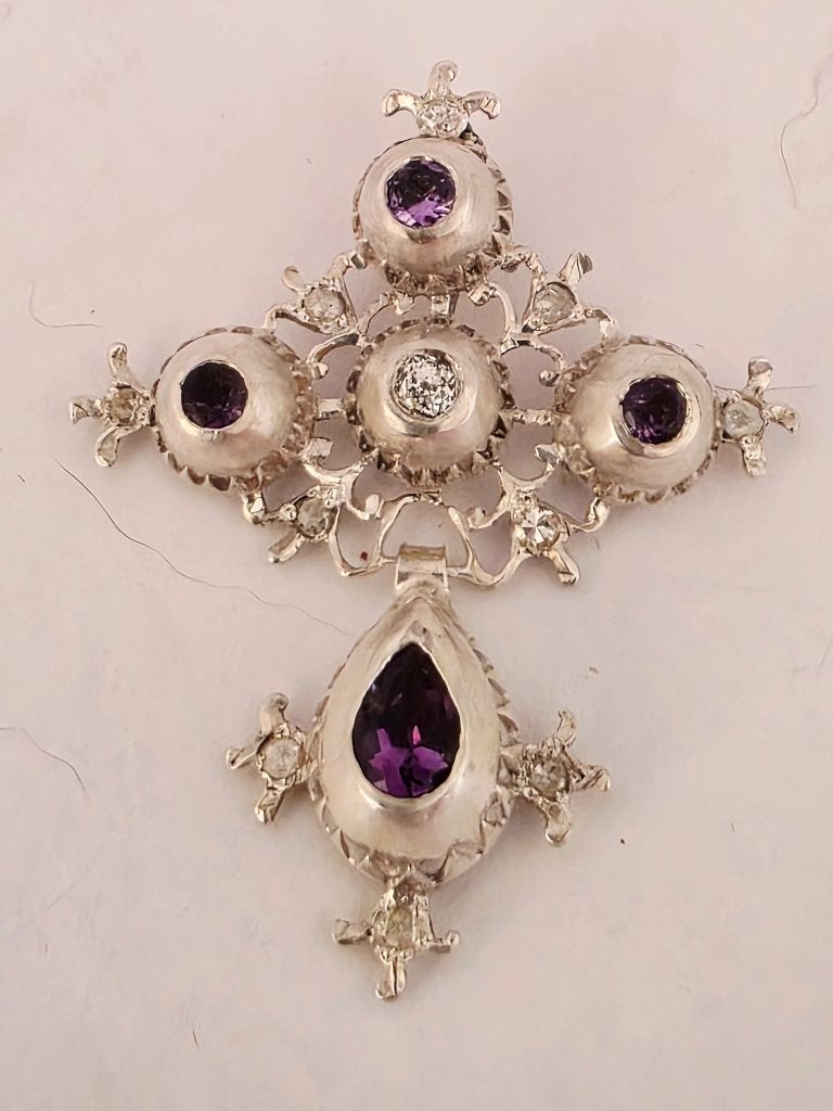 19eeuw zilveren kruis met amethisten en diamanten, Antiek en Kunst, Ophalen of Verzenden, Zilver
