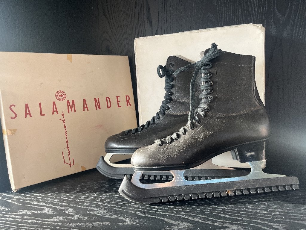 Vintage leren kunstschaatsen Hudora ijzers + Salamander doos, Overige merken, Gebruikt, Ophalen of Verzenden, Kunstschaatsen