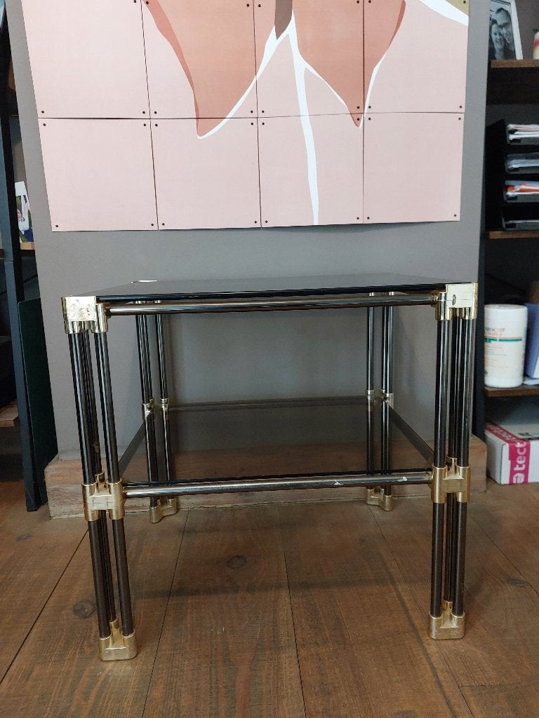 Vintage salontafel in rookglas met gouden accenten, Enlèvement