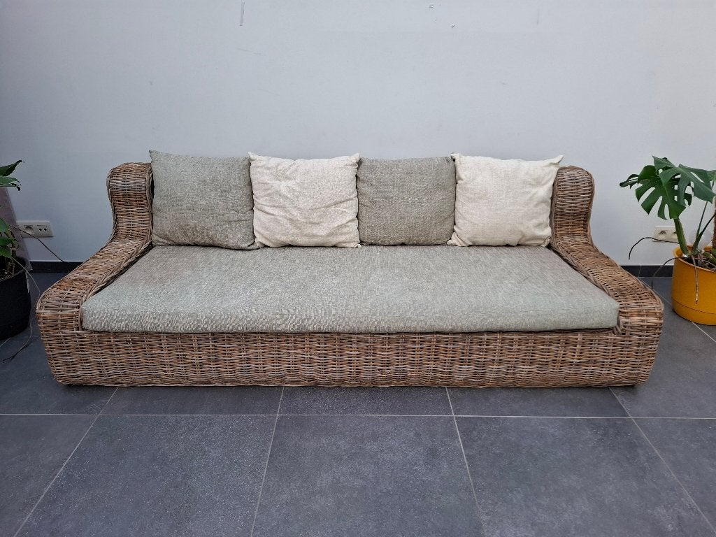 Canapé de jardin ou de véranda en rotin avec coussins, Osier ou Rotin, 200 à 250 cm, Banc droit, Comme neuf