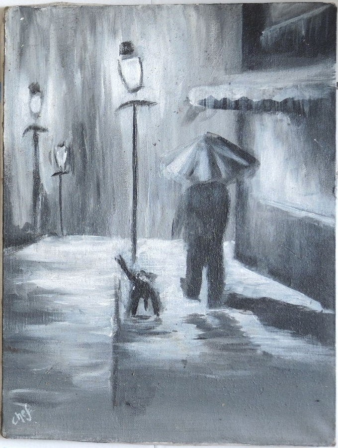 Chef acryl op doek "Avondwandeling met Hond i.d. Regen" 2013, Ophalen, Acrylverf, Gesigneerd, Stadsgezicht