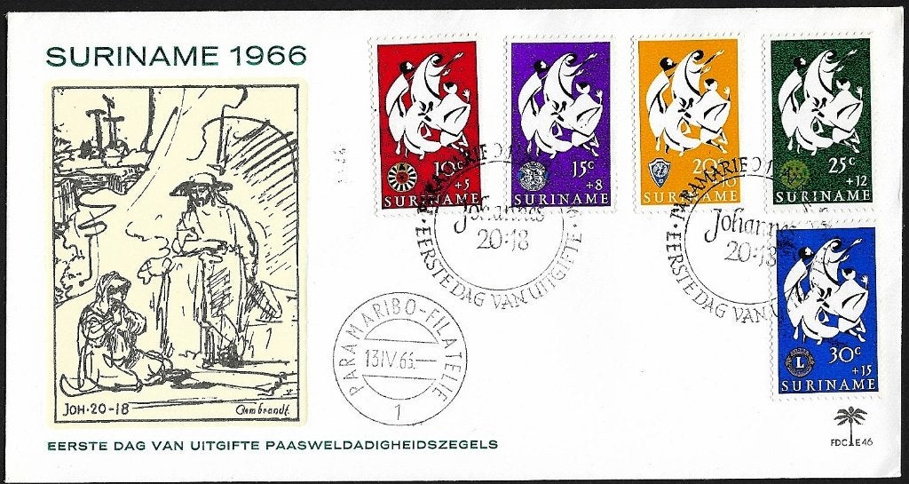 1966 - SURINAME - FDC Bienfaisance Pâques [Y&T 436/440], Timbres & Monnaies, Timbres | Surinam, Envoi, Non oblitéré