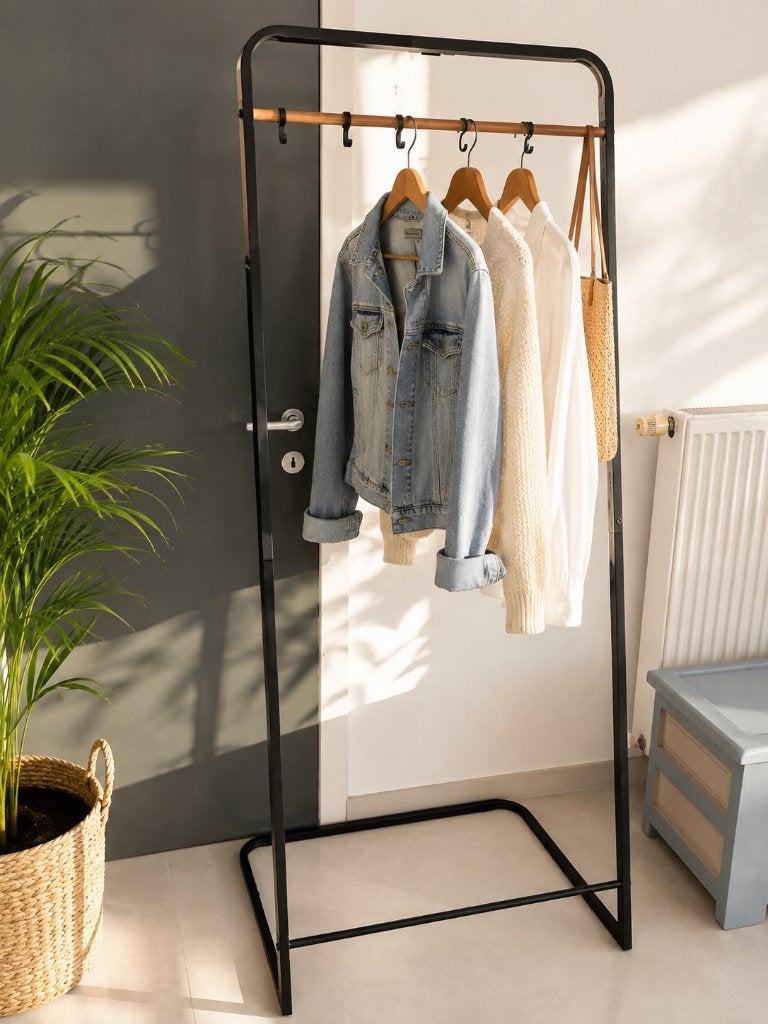 Stijlvol kledingrek zwart/hout – 180 cm – rek met 5 haken, Ophalen, Zo goed als nieuw, X, X