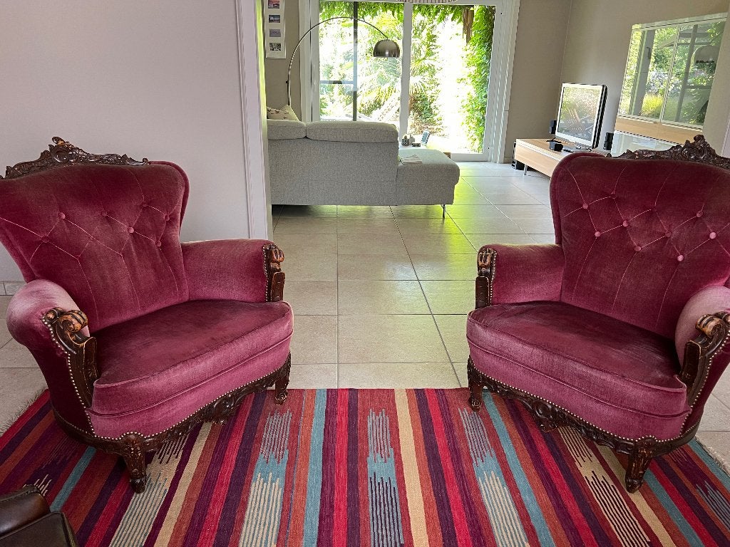 Set Vintage Barok Fauteuils / Rococo – Bordeauxrood Velours, Enlèvement, Utilisé, Tissus