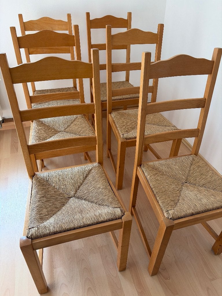 Chaises en bois avec assise en paille, Ancien, Brun, Enlèvement, Osier ou Rotin