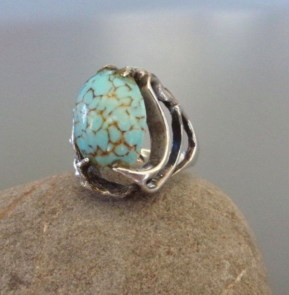 Vintage handgemaakte zilveren ring van Taxco in Mexico, Gebruikt, Blauw, Ophalen of Verzenden, Met edelsteen