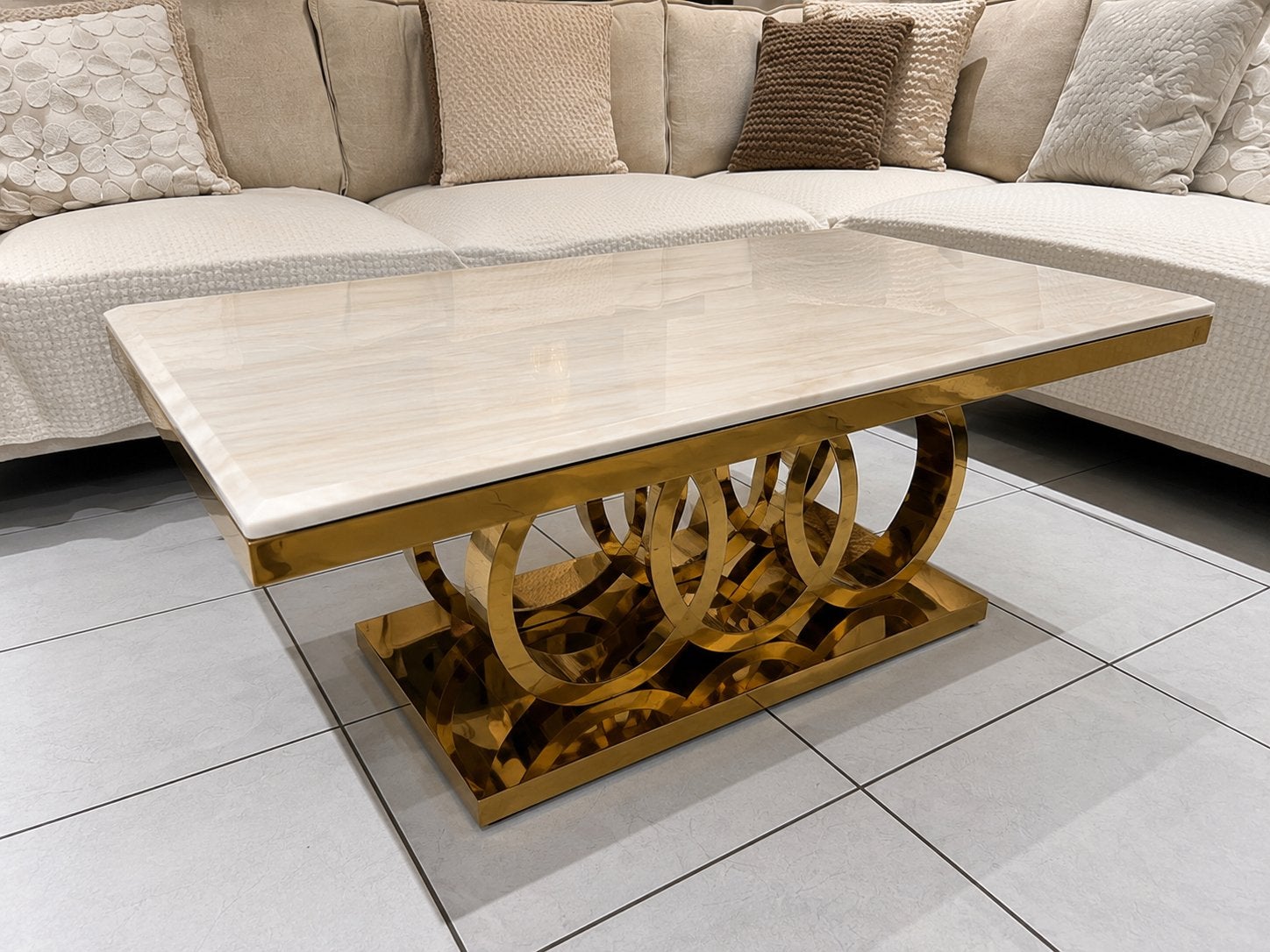 Luxe Marmer & Goud Salontafel 140 cm – Design Eyecatcher, Ophalen, Overige materialen, Gebruikt, 100 tot 150 cm