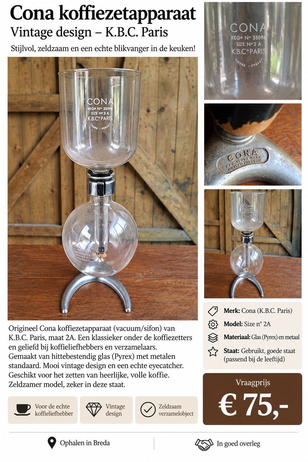 Cafetière Cona Vintage K.B.C. Paris - Rare, Enlèvement, Utilisé, Verre