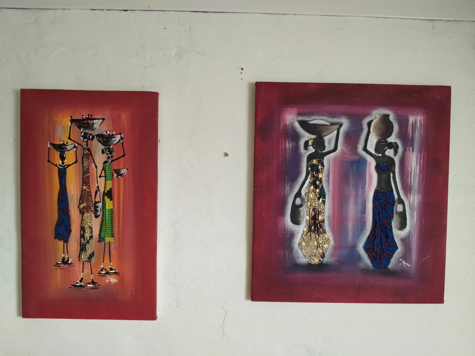 2x origineel afrikaans schilderij. Acryl+stof. A Salam Art, Ophalen
