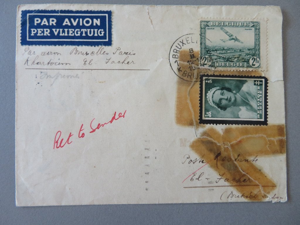 1936 Brussel Paris Khartoum El Fasher luchtpost ret. sender, Timbres & Monnaies, Lettres & Enveloppes | Étranger, Envoi, Enveloppe