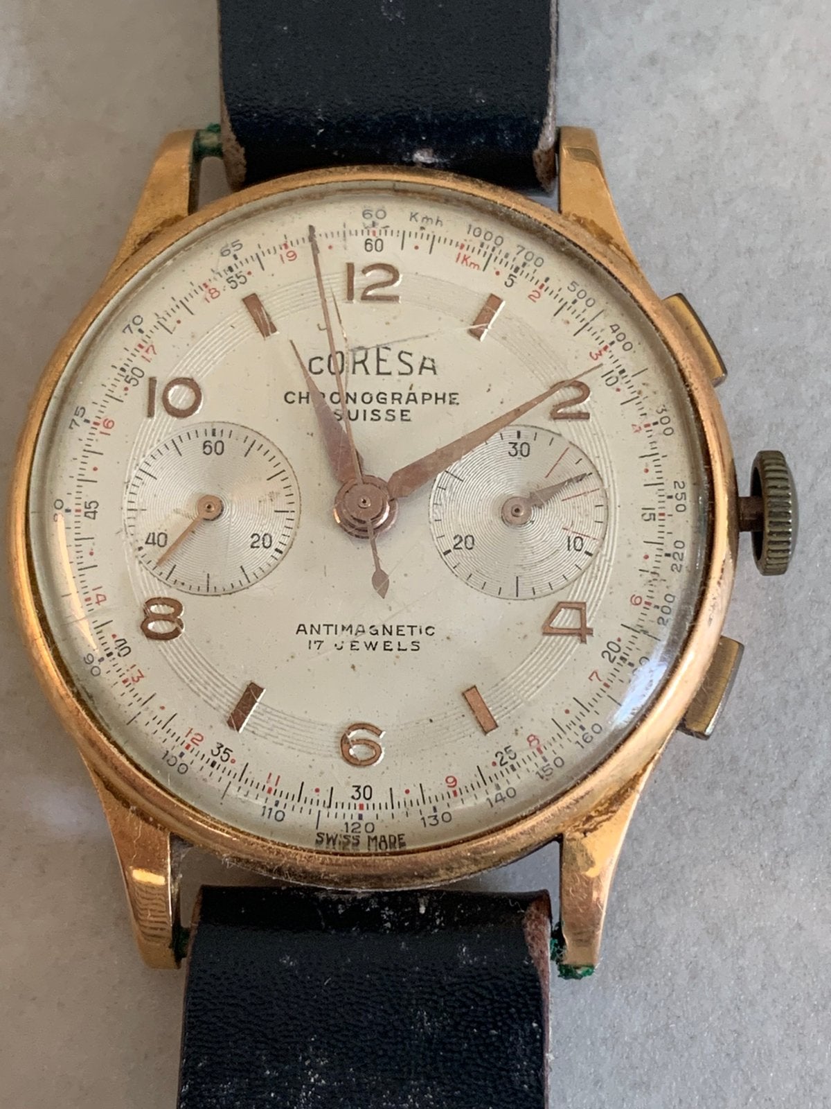 Vintage Coresa Chronographe Suisse – 18K Goud – Jaren 50, Handtassen en Accessoires, Horloges | Antiek, Goud, Ophalen of Verzenden