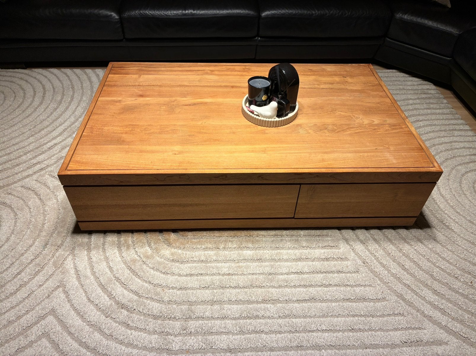 Luxe teakhouten bloksalontafel met lades – 130x80x32 cm, Huis en Inrichting, Ophalen, Zo goed als nieuw, Teakhout