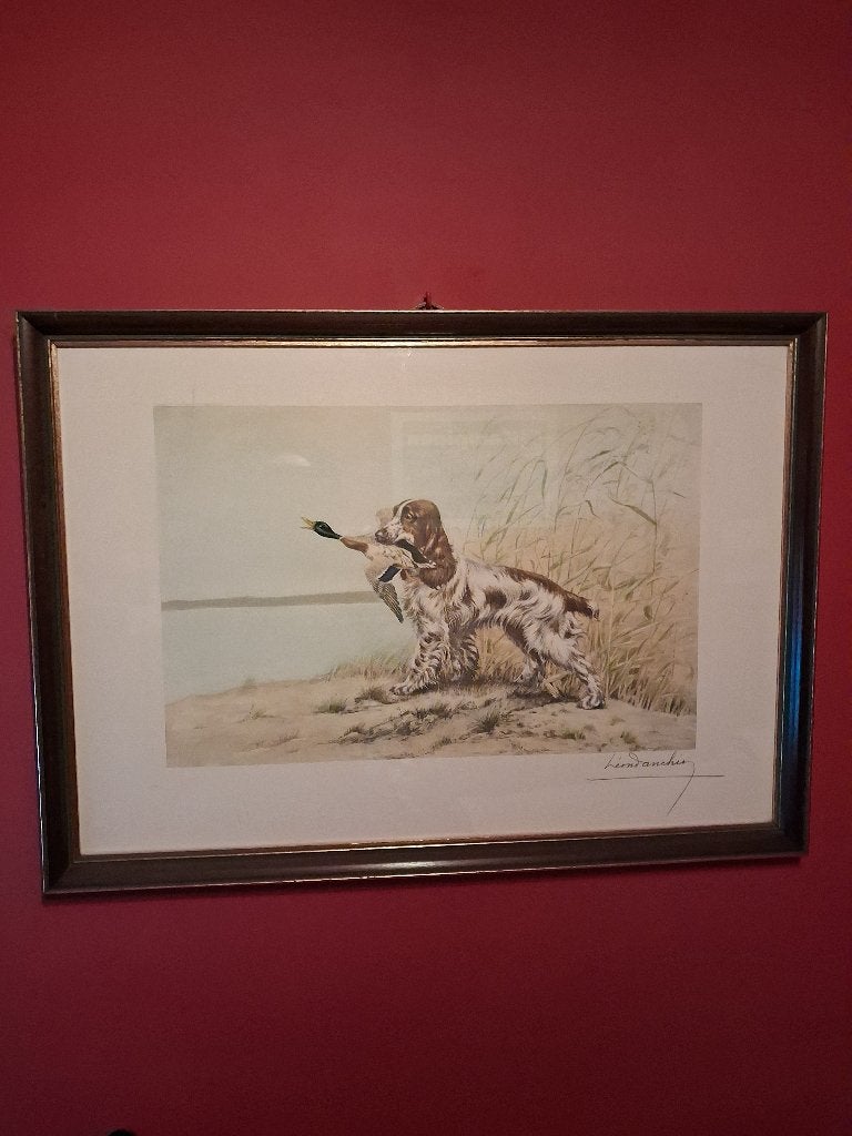 Léon Danchin – "Spaniel with Duck", Ophalen, Ets, Gesigneerd