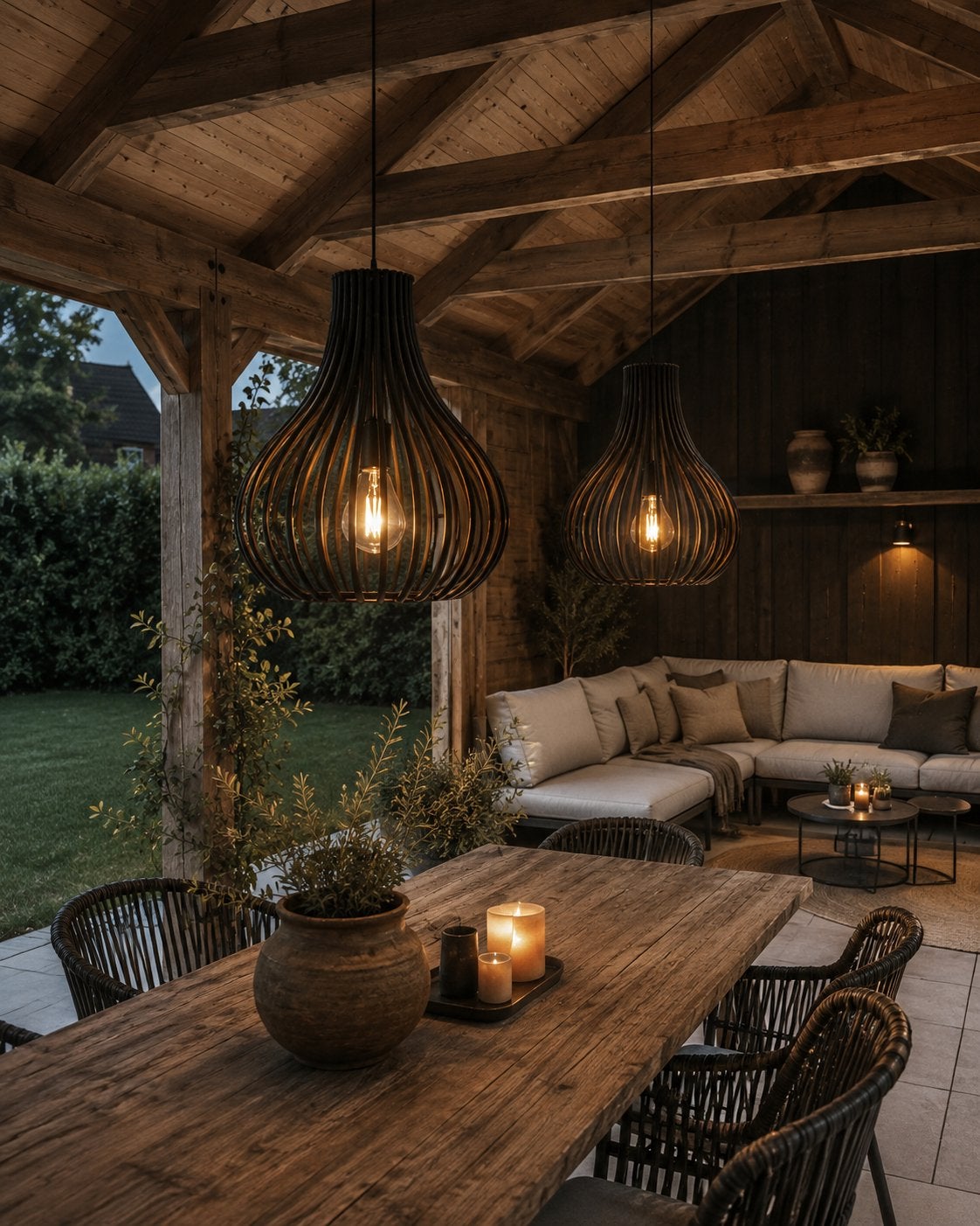 Set van 2 landelijke moderne houten hanglampen, Huis en Inrichting, Lampen | Hanglampen, Zo goed als nieuw, Ophalen