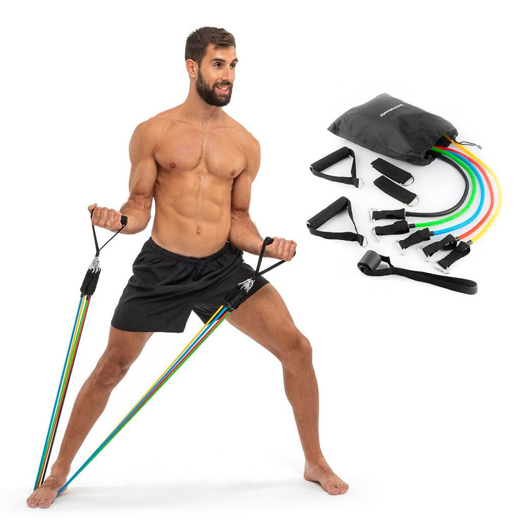 Set van weerstandsbanden(5) met accessoires + oefeningengids, Sport en Fitness, Fitnessmaterialen, EU, Benen, Weerstandband, Nieuw