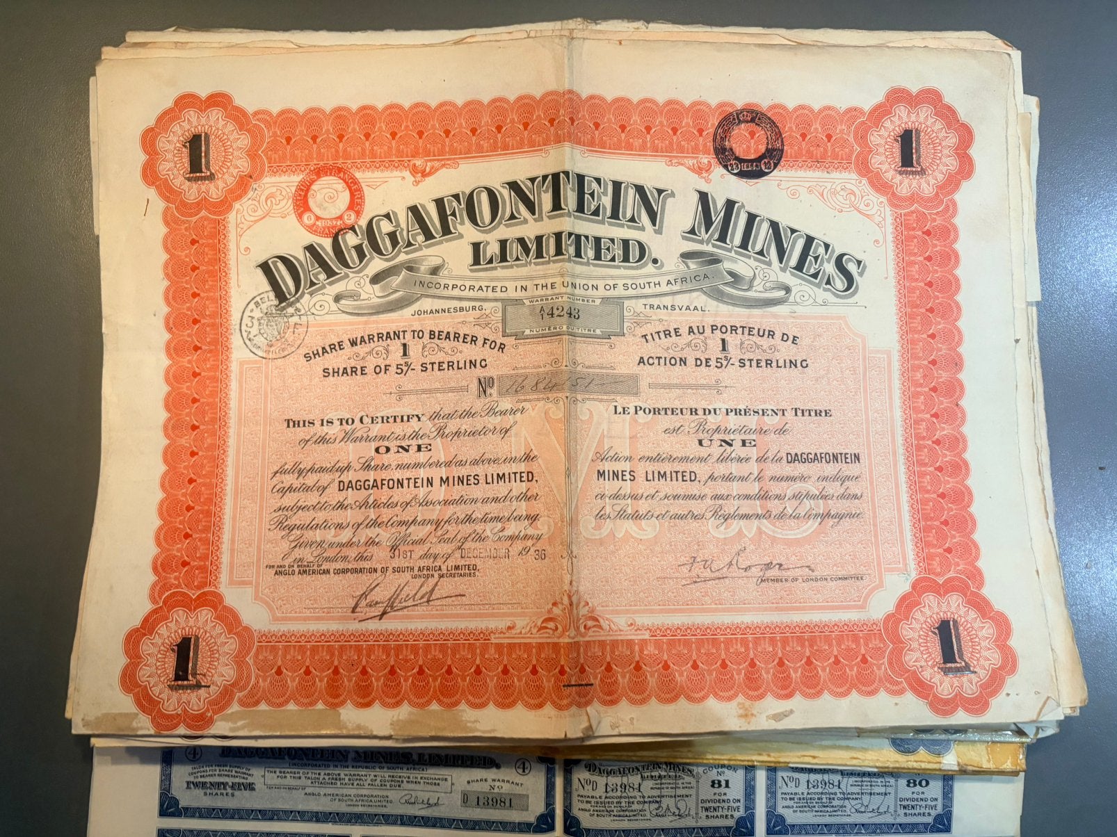 Ancien Titre Action Orange - Daggafontein Mines Limited, Postzegels en Munten, Aandelen en Waardepapieren, Verzenden, Aandeel