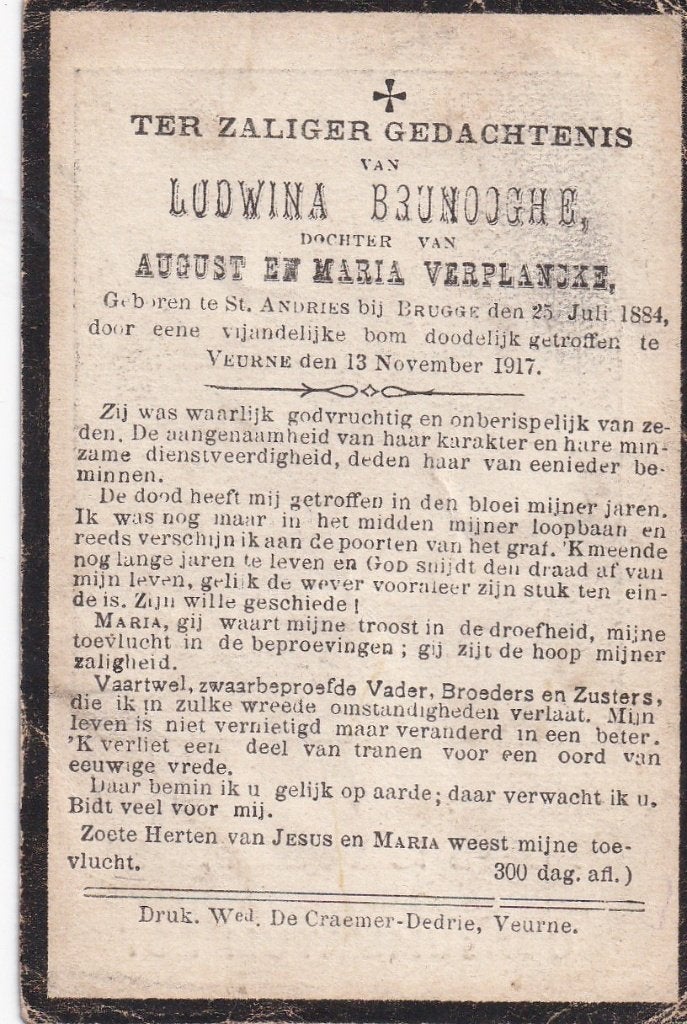 B P OORLOG BOM BRUNOOGHE 1917, Verzamelen, Bidprentjes en Rouwkaarten, Ophalen of Verzenden, Bidprentje