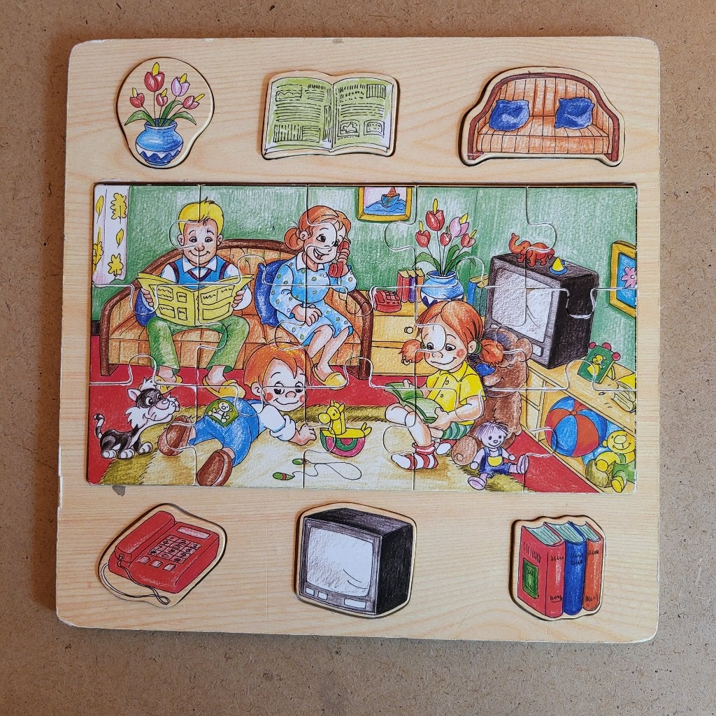 Houten puzzel woonkamer, Ophalen of Verzenden, Puzzelen