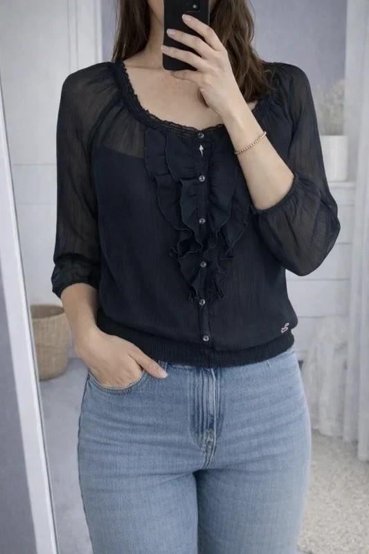 Donkerblauwe blouse van Hollister, Kleding | Dames, Ophalen of Verzenden, Zo goed als nieuw, Maat 34 (XS) of kleiner