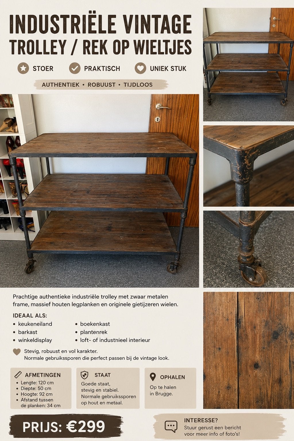 Originele industriële vintage trolley / winkelrek op wielen, Huis en Inrichting, Kasten | Schoenenkasten, Zo goed als nieuw, Ophalen