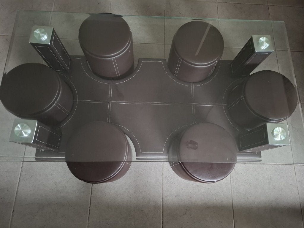 Salontafel met 6 bijbehorende ronde krukjes, Huis en Inrichting, Ophalen, Gebruikt, Glas