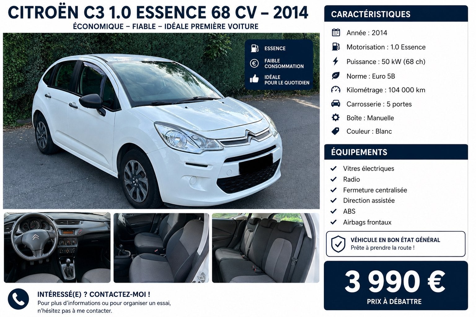 Citroën C3 1.0 VTi // Essence 68 ch // 2014 //104 000 km, Autos, Citroën, Euro 5, Achat, 50 kW, Boîte manuelle
