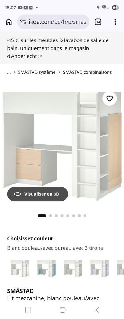 SMÅSTAD
Lit mezzanine, blanc blanc/avec bureau avec 3 tiroir, Enlèvement, Lit mezzanine