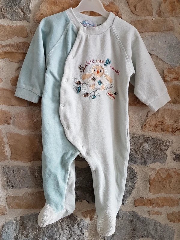PREMAMAN - Pyjama bleu clair avec hibou - T.9 mois, Kinderen en Baby's, Nacht- of Onderkleding, Gebruikt, Jongetje of Meisje, Ophalen of Verzenden