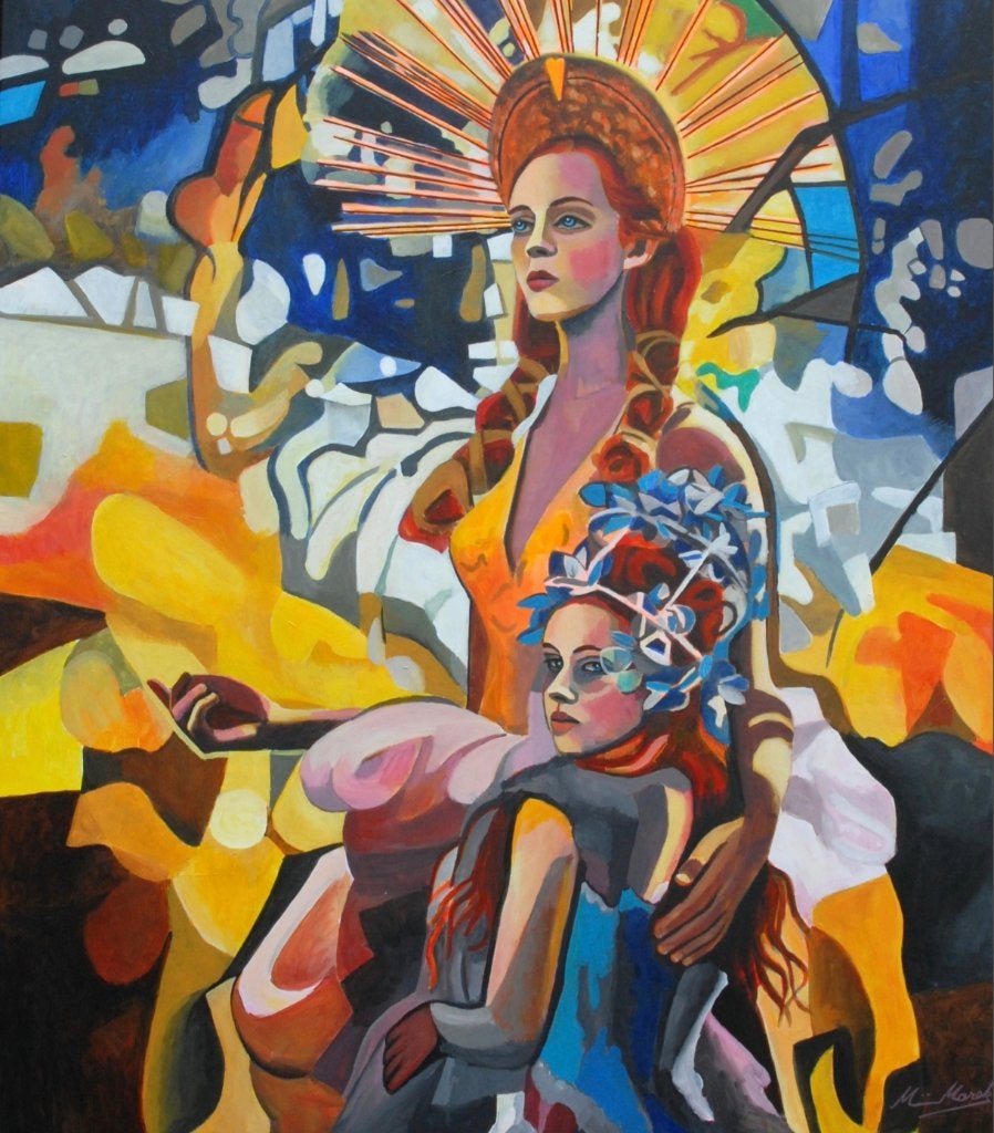Schilderij van heilige Hannah met Maria, Antiquités & Art, Art | Peinture | Classique, Portrait ou Personnes, Peinture acrylique