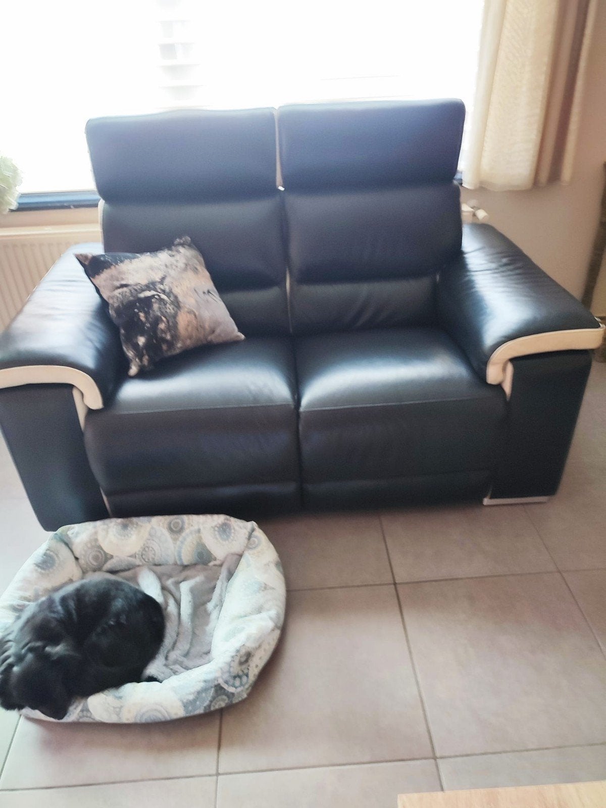 Lederen 2zit zetel in donker blauw met beige kleur, Huis en Inrichting, Ophalen