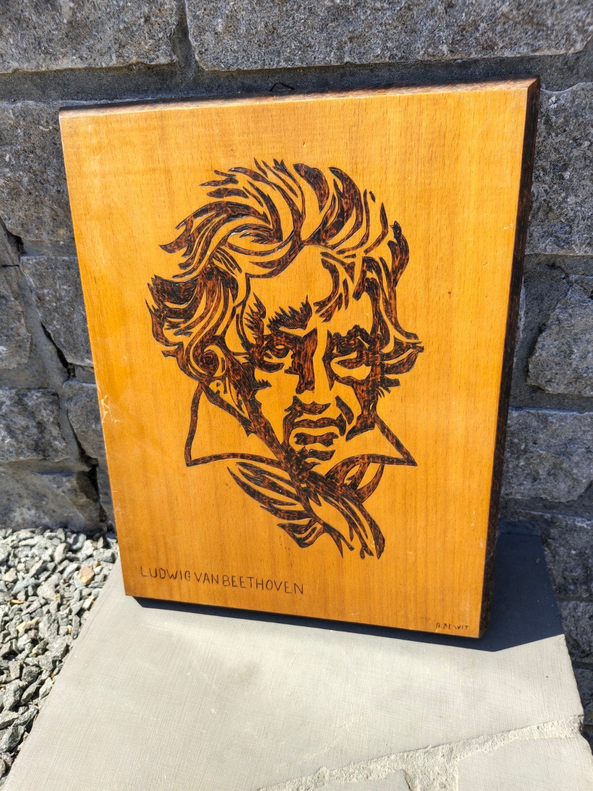 Portrait de Beethoven gravé ou gravé sur une plaque de bois, Antiquités & Art, Curiosités & Brocante, Enlèvement ou Envoi