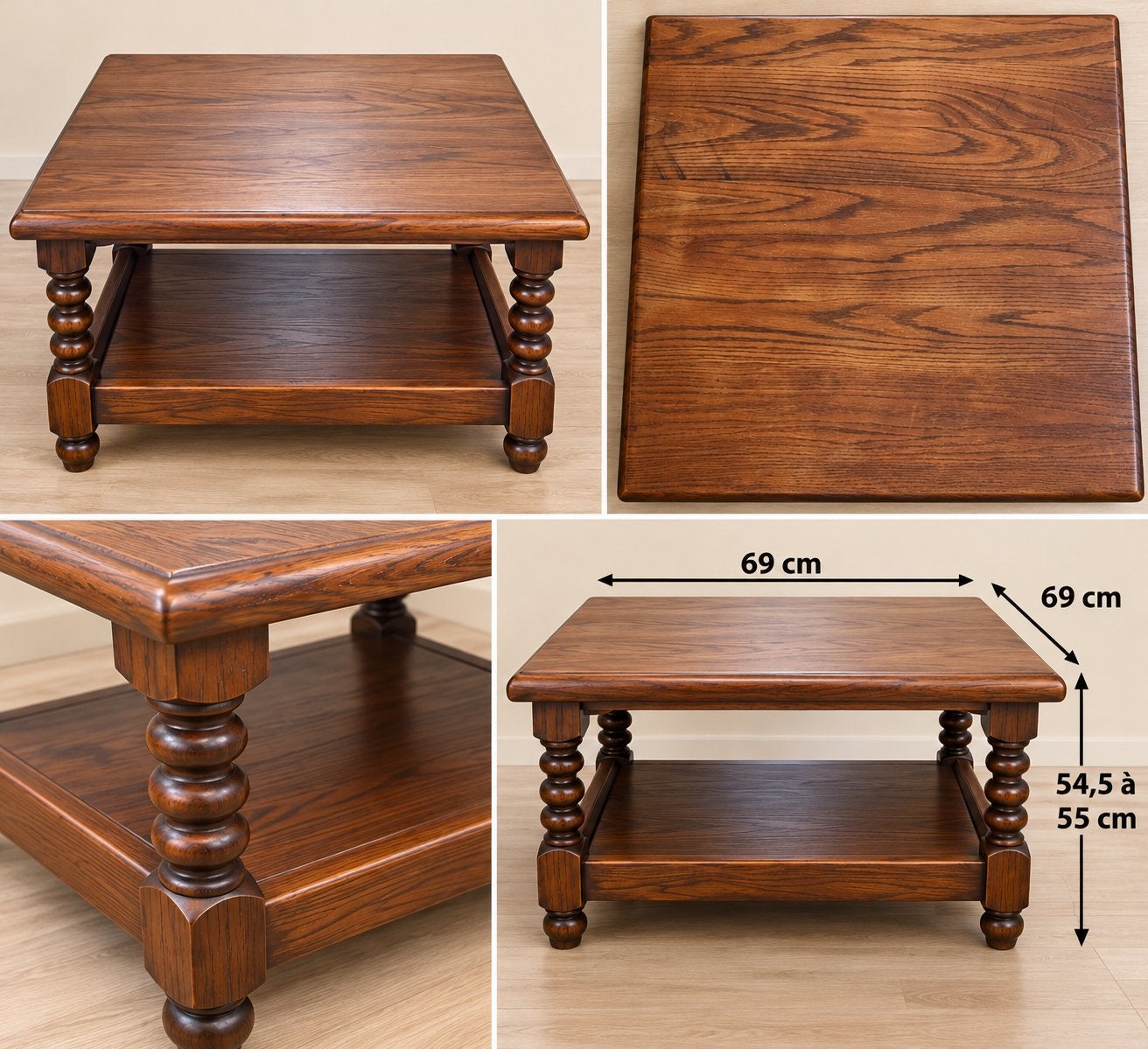 Massief eiken salontafel met sierlijk gedraaide poten, Huis en Inrichting, Ophalen, 50 – 75, Gebruikt, 50 tot 100 cm