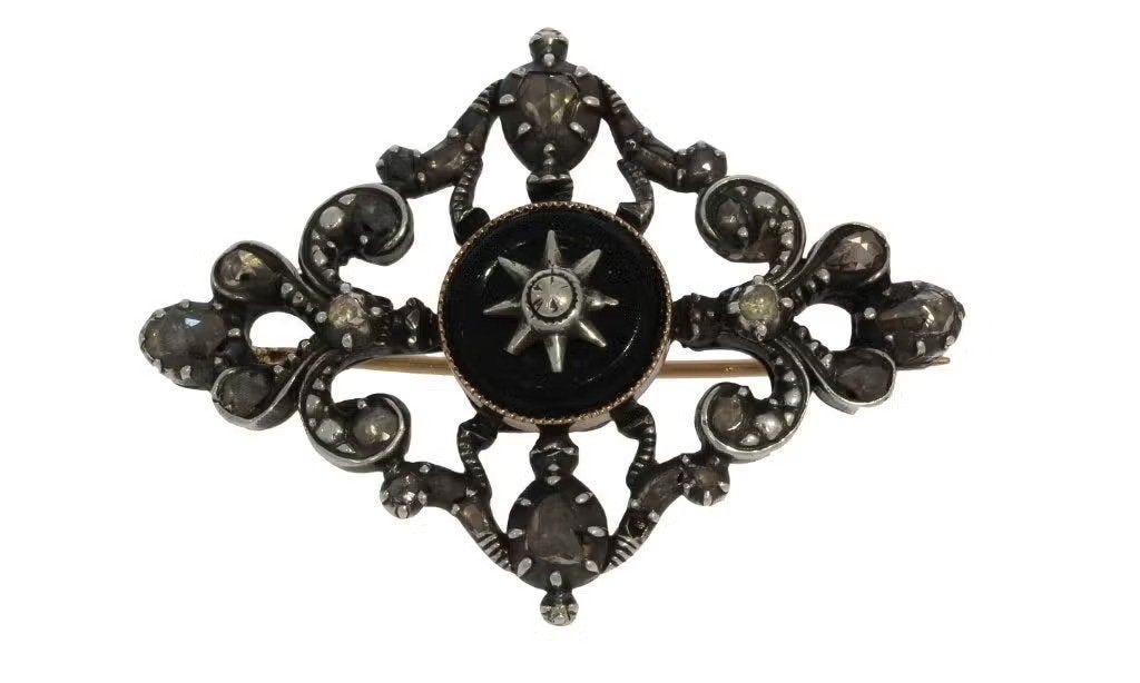 Diamanten antieke onyx broche 14k goud zilver uniek dames, Ophalen of Verzenden, Goud, Broche, Met edelsteen