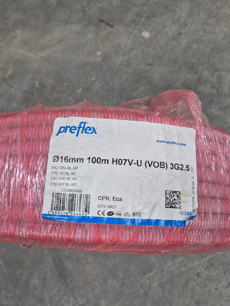 Volle rol Preflex 3G2.5 mm² (Ø 16mm) – 100 meter (NIEUW), Doe-het-zelf en Bouw, Elektriciteit en Kabels, Ophalen, Nieuw, Overige merken