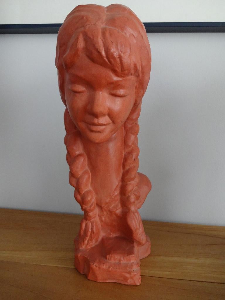 Serste terracotta meisjeshoofd, Antiek en Kunst, Kunst | Beelden en Houtsnijwerken, Ophalen of Verzenden, 20 - 50 cm, Overige materialen