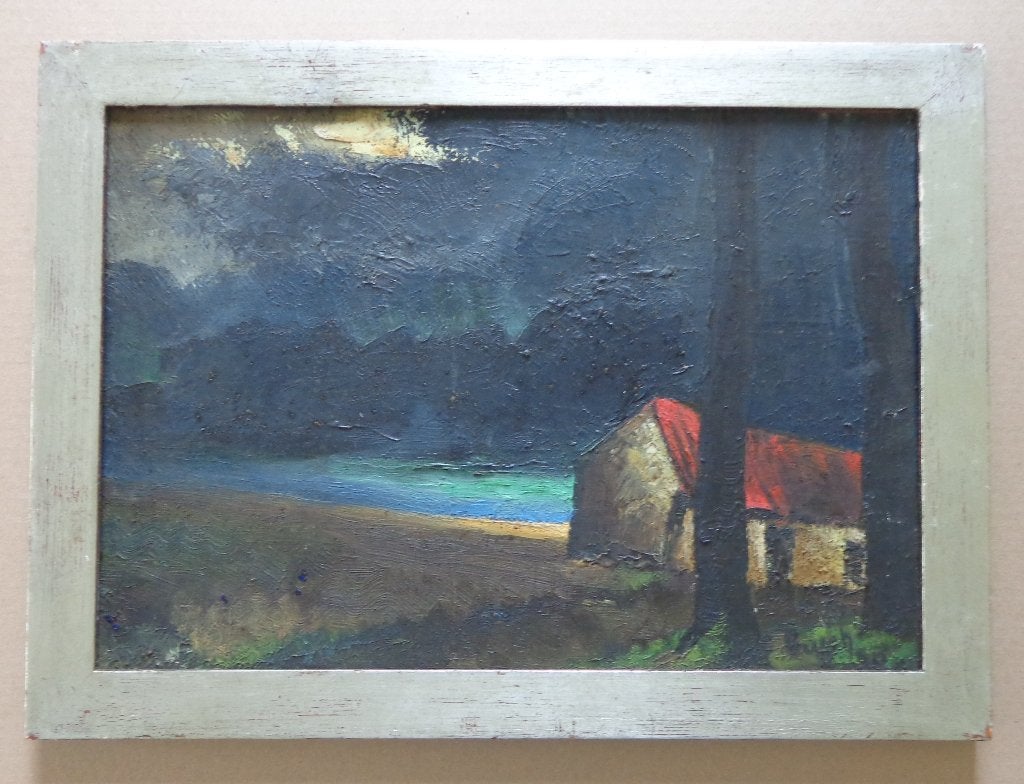 WILLEM PAERELS / HOEVE AAN RIVIER / OLIEVERF / 35x48cm KADER, Peinture à l'huile, Enlèvement ou Envoi, Paysage, Signé