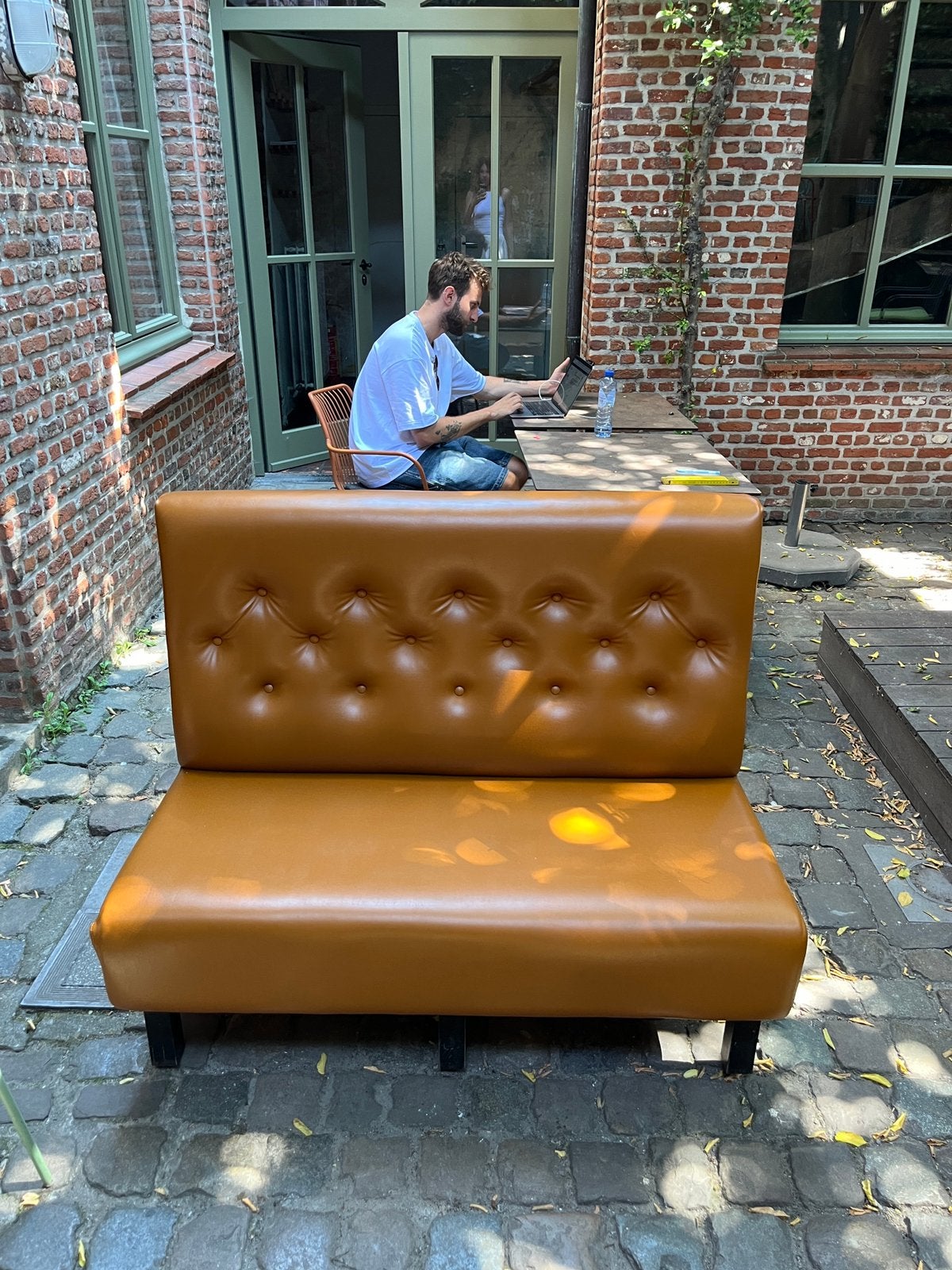 LEDEREN ZITBANK, Ophalen, Zo goed als nieuw, Minder dan 75 cm, Leer