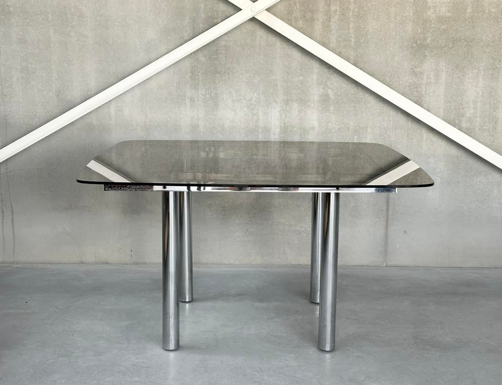 Vintage chroom eetkamertafel, 1980’s, Ophalen, Zo goed als nieuw, Ovaal, Glas