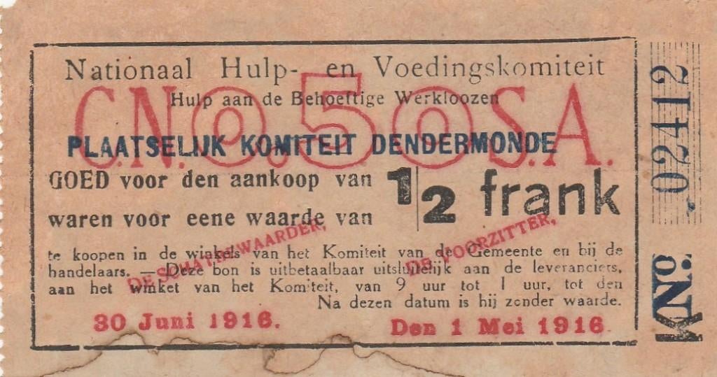 war Bon Nationaal Hulp Termonde 1/2 franc 30.06.1916, Enlèvement, Billets en vrac
